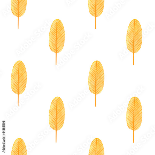 Cute colorful seamless pattern Yellow tree. Watercolor, hand drawn. Red, orange, yellow colors, isolated on white background. Good for kids fabric, textile, wrapping paper, wallpaper, prints