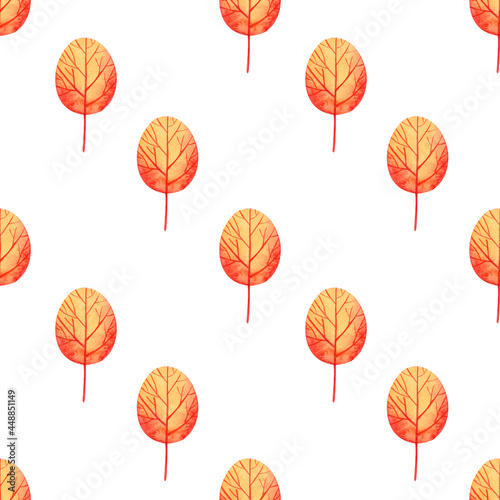 Cute colorful seamless pattern Orange tree. Watercolor, hand drawn. Red, orange, yellow colors, isolated on white background. Good for kids fabric, textile, wrapping paper, wallpaper, prints