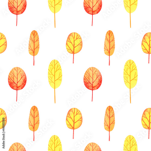 Cute colorful seamless pattern Yellow park. Watercolor, hand drawn. Red, orange, yellow colors, isolated on white background. Good for kids fabric, textile, wrapping paper, wallpaper, prints