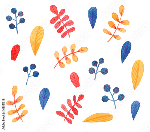 Set with watercolor berries and leaves, isolated on white. Orange, blue, red and yellow bright colors, hand draw. Design for backgrounds, wallpapers, prints, covers and packaging