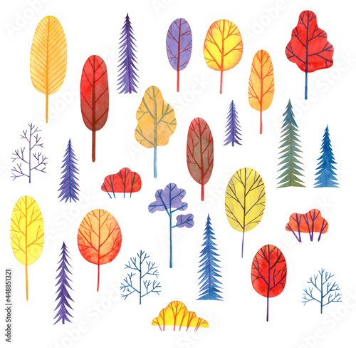 Set with watercolor trees and leaves, isolated on white. Orange, blue, violet, red and yellow bright colors, hand draw. Design for backgrounds, wallpapers, prints, covers and packaging