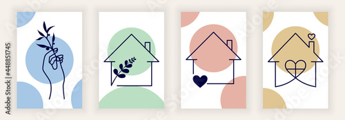 Abstract logo design templates. House with plant, cozy house, stay at home. Stylish line art collage. Geometric colored shapes. Flat modern vector illustration set for social networks and banners