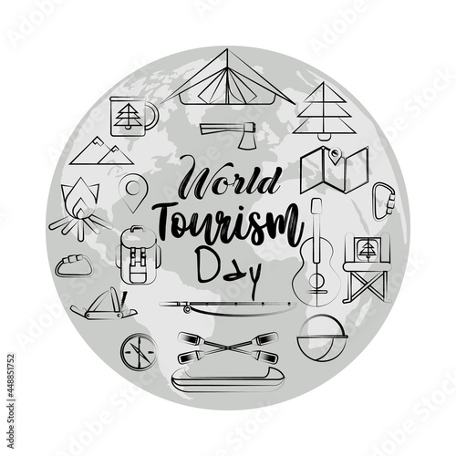 Vector illustration of the World Tourism Day. Domestic tourism internal tourism     hiking  camping  glamping  mountain holidays