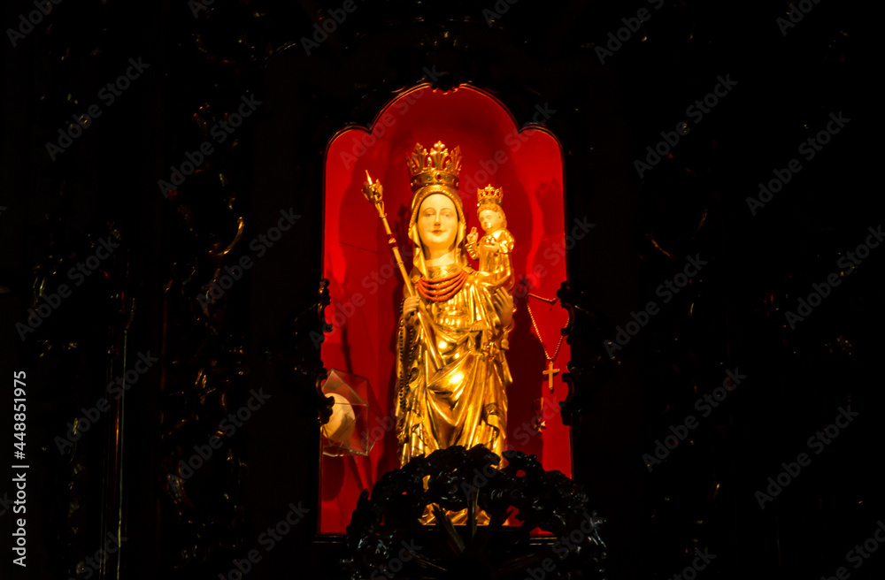 Ludzmierz, Poland, June 10, 2021: A statue of Our Lady Queen of Podhale in the altars of the church at the Shrine in Ludzmierz near Zakopane