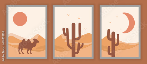 Abstract collage with desert. Minimalistic set with camel, cacti and hot sun. Templates for printing. Flat vector collection for decorating walls, banners and posters. Isolated on brown background