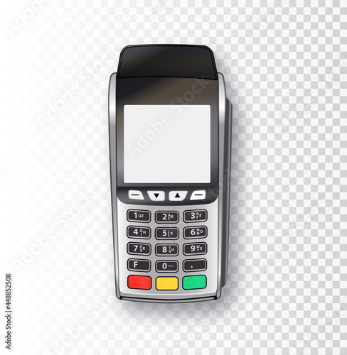 Payment machine. Vector Realistic Silver 3d Payment Machine. POS terminal with closing receipt isolated. Bank Payment Terminal