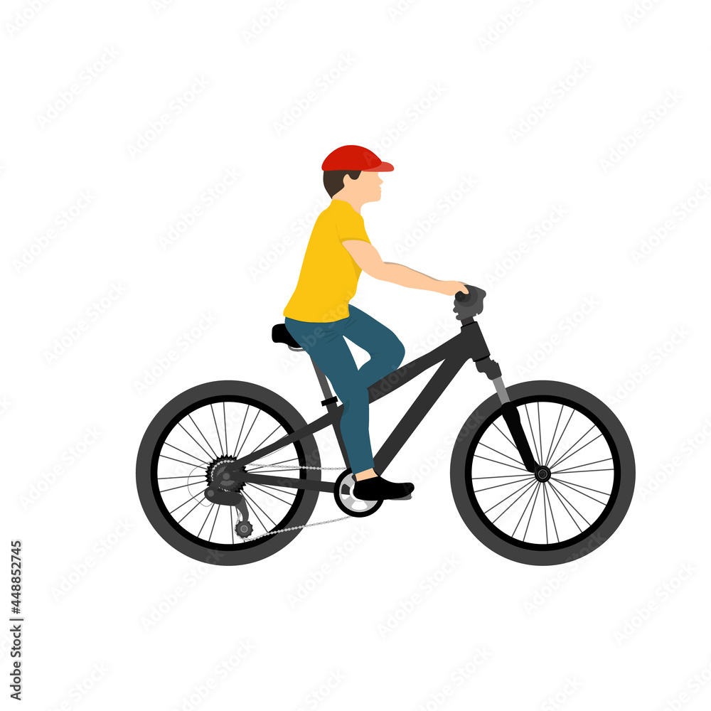 Naklejka premium Teen kid boy cycling on bicycle wearing baseball cap. Flat style character vector illustration isolated on white background.