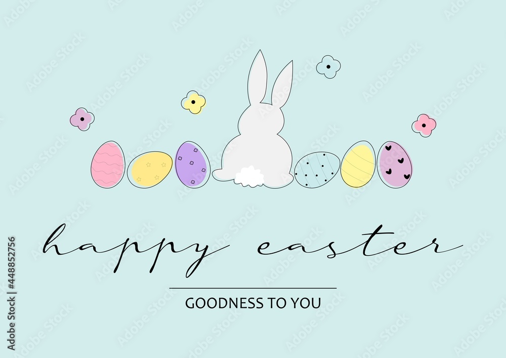 Vector  greeting card happy easter with easter egg and easter bunny.  Printable template. Happy easter. Blue background. Page A4	
