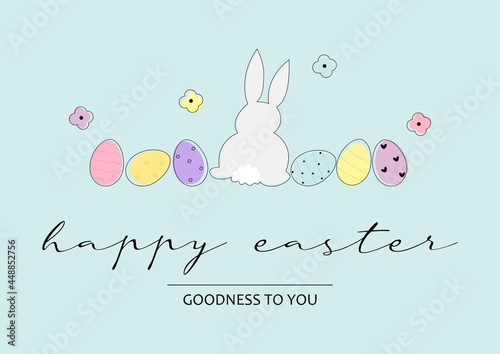 Vector  greeting card happy easter with easter egg and easter bunny.  Printable template. Happy easter. Blue background. Page A4	
