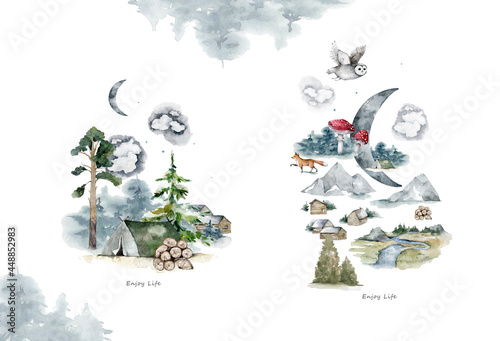 Camp in the forest. Outdoor recreation near the lake. Watercolor hand drawn isolated set landscape, lake, forest, tree, tiny house. Travel set