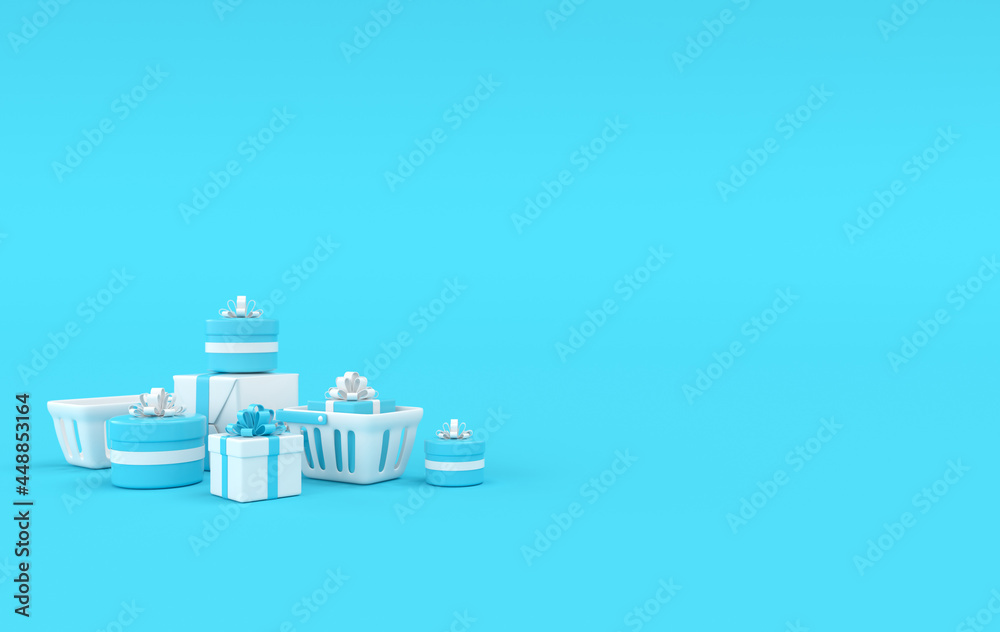 Shopping basket and present box 3d rendering.