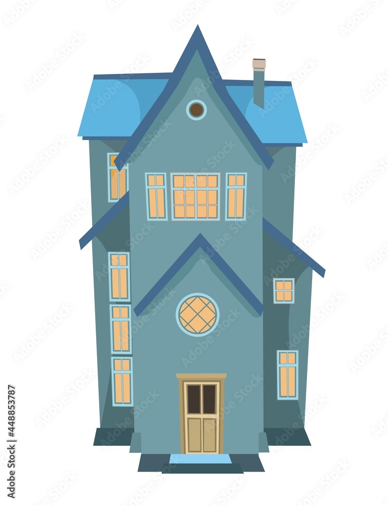 Simple tall cartoon house with lights in the windows. Night. Cozy rustic  dwelling in a traditional European style. Nice dark home. Isolated on white  background. Vector Stock Vector | Adobe Stock