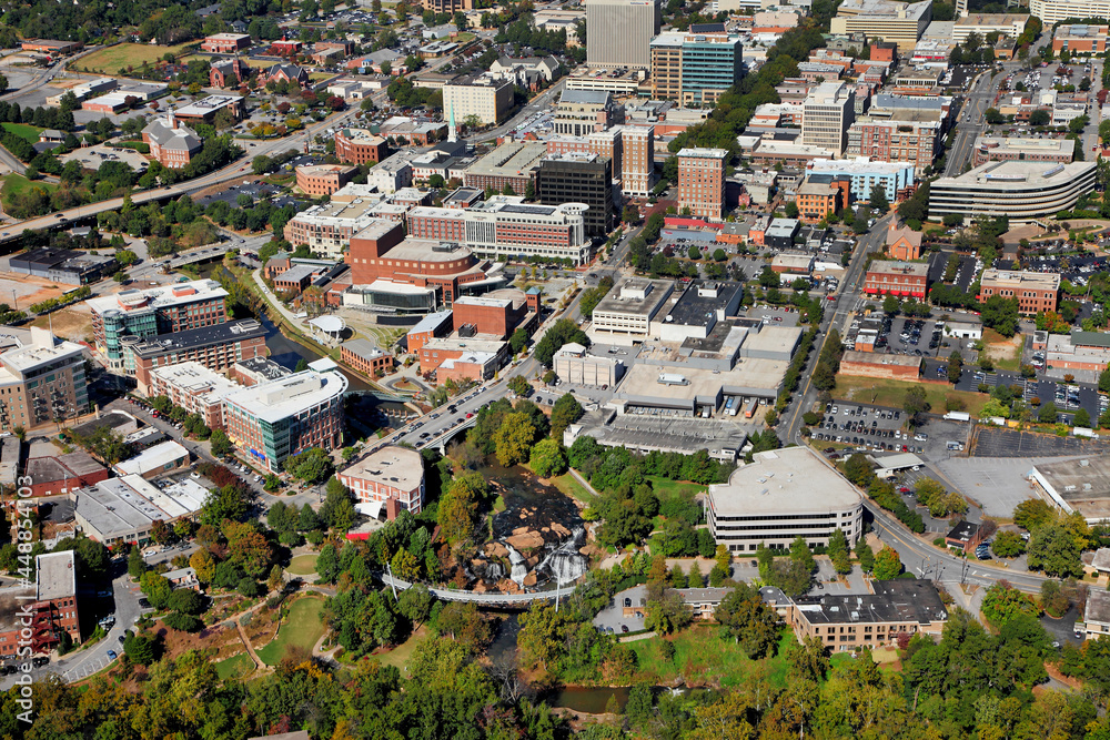 Aerial view of buildings and road systems in downtown Greenville, SC