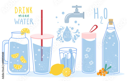 Drink more water concept. Various glass, plastic bottles and glasses with water. Water salt balance. Minimalistic design element. Flat line art vector illustration isolated on white background