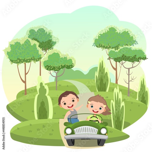 Childrens trip in a small car. Country road. Kid drives a pedal or electric toy automobile. Cartoon illustration. Isolated. Summer rural landscape. Vector