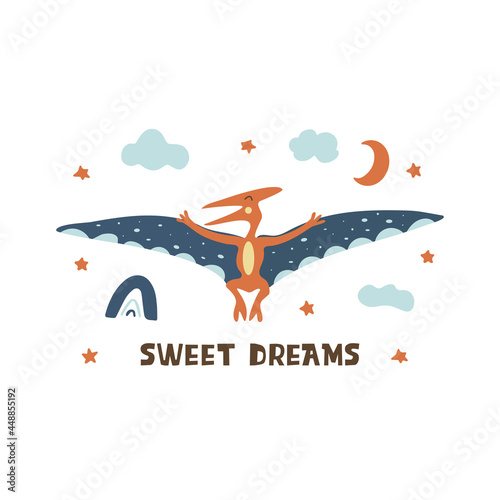 Pterosaur. Flying archosaurus pterodactyl, extinct ancient winged lizard, Jurassic period. Mesozoic era. Sweet dreams print, night sky with stars. Colorful vector isolated illustration hand drawn