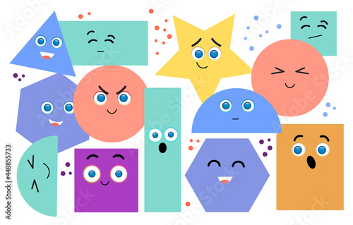 Set of geometric shapes with kawaii emotions. Different shapes. Hand drawn trendy Vector illustration for kids. Funny design elements. Cartoon Flat vector collection isolated on white background