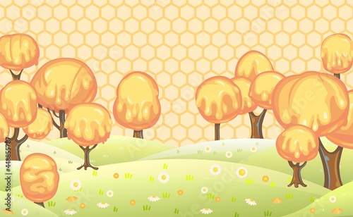 Fabulous sweet landscape with honey trees. Children's fantastic illustration with a honeycomb. Cartoon style. Cute cheerful scene. Summer flower hills. Vector