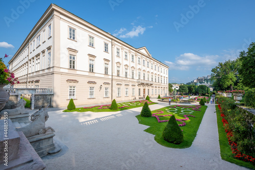 Salzburg, Austria; July 28, 2021 - A view of the public gardens that are free to enter at the Mirabell Palace. It was built in 1606 by prince-archbishop Wolf Dietrich for his beloved Salome Alt. Today