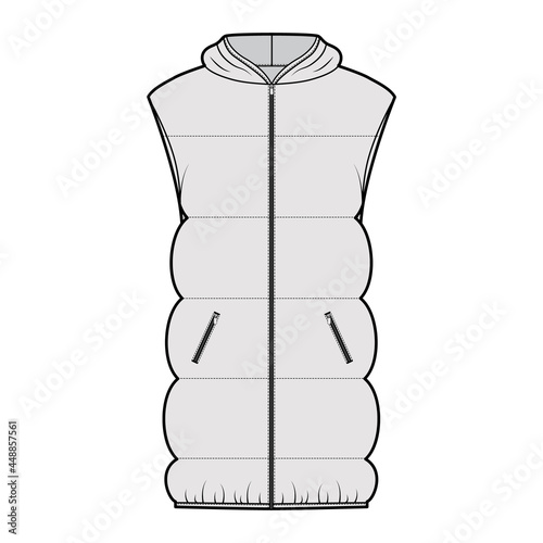 Down vest puffer Hooded waistcoat technical fashion illustration with sleeveless, pockets, hip length, wide quilting. Flat template front, grey color style. Women, men, unisex top CAD mockup