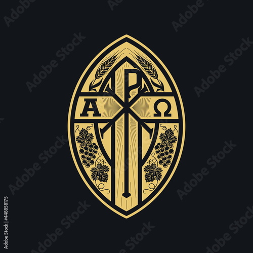 Christian illustration. Monogram of Jesus Christ - Chrismon. Wheat ears and a bunch of grapes are symbols of Christ and spiritual life. Alpha and omega symbols of eternity.