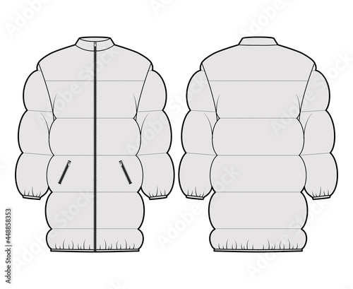 Down puffer jacket coat technical fashion illustration with long sleeves, stand collar, zip-up closure, pockets, thigh length, wide quilting. Flat front, back, grey color. Women, unisex top CAD mockup