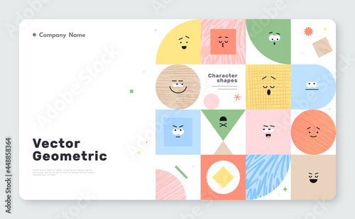 Vector banner with character geometric figures on white background. Cute cartoon characters, colorful various figures with textures. Poster design template.