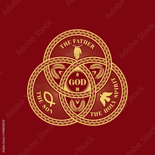 Christian illustration. The magnificent seal of the Holy Trinity: God the Father, God the Son and God the Holy Spirit. Indication of the symbols of the eternity of God - alpha and omega.