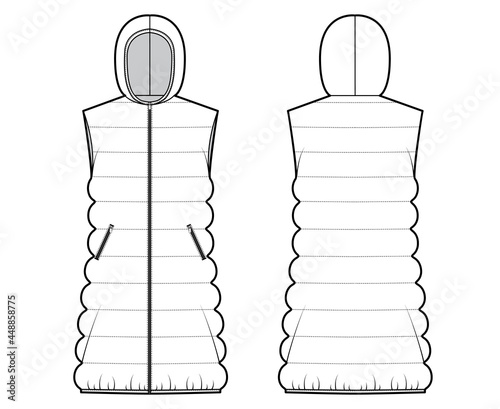 Down vest puffer waistcoat technical fashion illustration with hoody collar, zip-up closure, loose body, classic quilting. Flat template front, back, white color style. Women, men, unisex CAD mockup