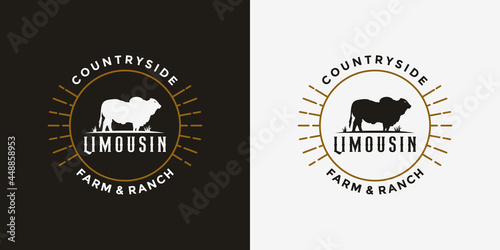 vintage badge limousin cow logo design for farm and ranch