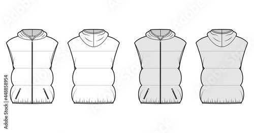 Down vest puffer waistcoat technical fashion illustration with hoody collar, pockets, hip length, wide quilting. Flat template front, back, white, grey color style. Women, men, unisex top CAD mockup