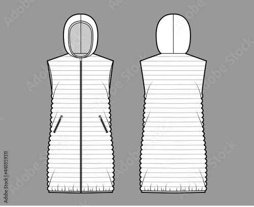 Down vest puffer waistcoat technical fashion illustration with sleeveless, hoody collar, pockets, loose fit, thigh length, narrow quilting. Flat template front, back, white color. Women, men, top CAD