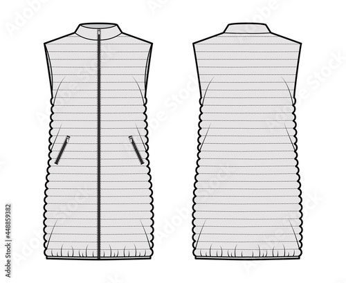 Down vest puffer waistcoat technical fashion illustration with stand collar, zip-up closure, pockets, loose fit, thigh length, narrow quilting. Flat front, back, grey color. Women, men top CAD mockup