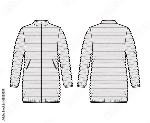Down puffer coat jacket technical fashion illustration with long sleeves, stand collar, pockets, hip length, narrow quilting. Flat template front, back, grey color style. Women, men, unisex CAD mockup