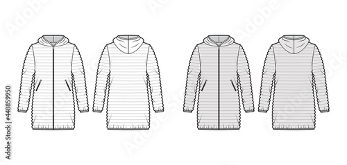 Down puffer coat jacket technical fashion illustration with long sleeves, oversized, hip length, narrow quilting. Flat template front, back, white, grey color style. Women, men, unisex top CAD mockup