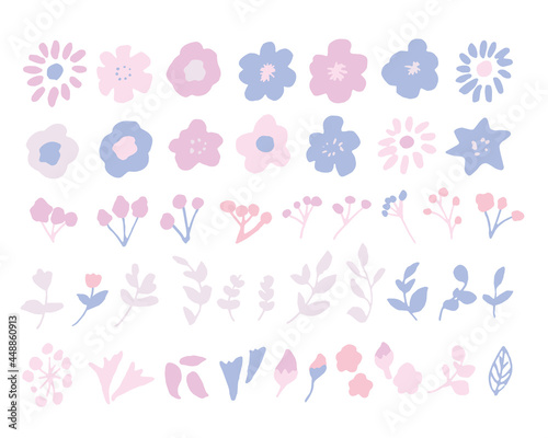 手書きの草木と花。ベクターデータのイラストパーツセット。Handwritten vegetation and flowers. Illustration parts set of vector data.