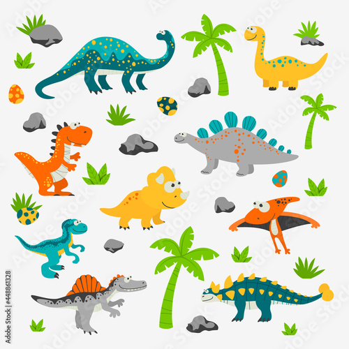 Vector Cute and Funny Flat Dinosaurs - T-rex, Stegosaurus, Velociraptor, Pterodactyl, Brachiosaurus, Ankylosaurus, Diplodocus, Spinosaurus, Brontosaurus, Triceratops. Dinosaur Set Isolated on White © gomolach