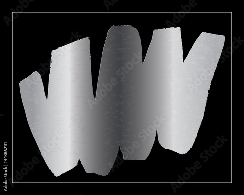 Silver brushstroke. Vector template for design. Stain of metallic paint on a black background. White frame. Metal texture. Silver paint. Empty blank for text. Stain of paint.
