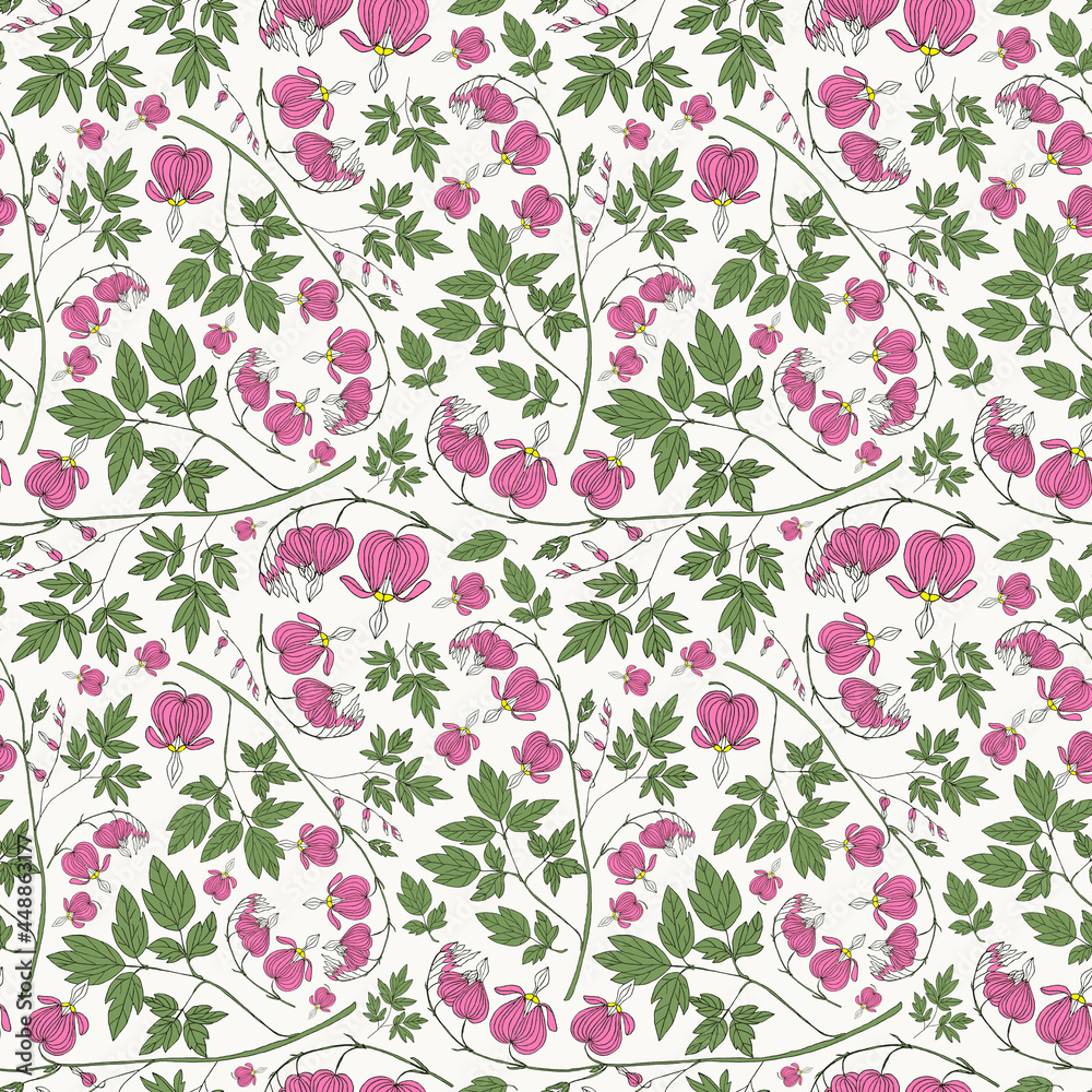 Seamless botanical white pattern with pink dicentra gorgeous flowers
