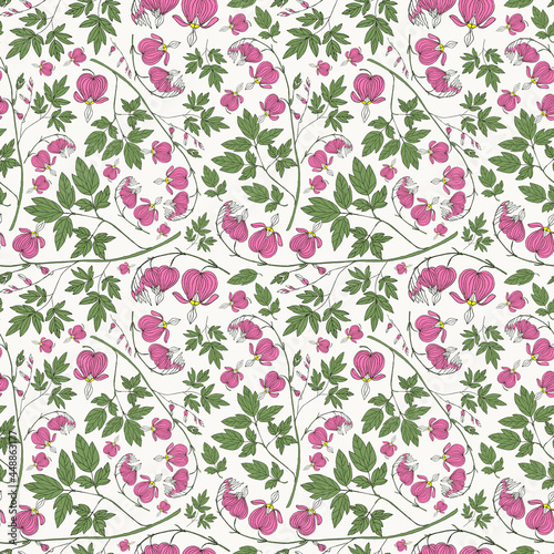 Seamless botanical white pattern with pink dicentra gorgeous flowers 