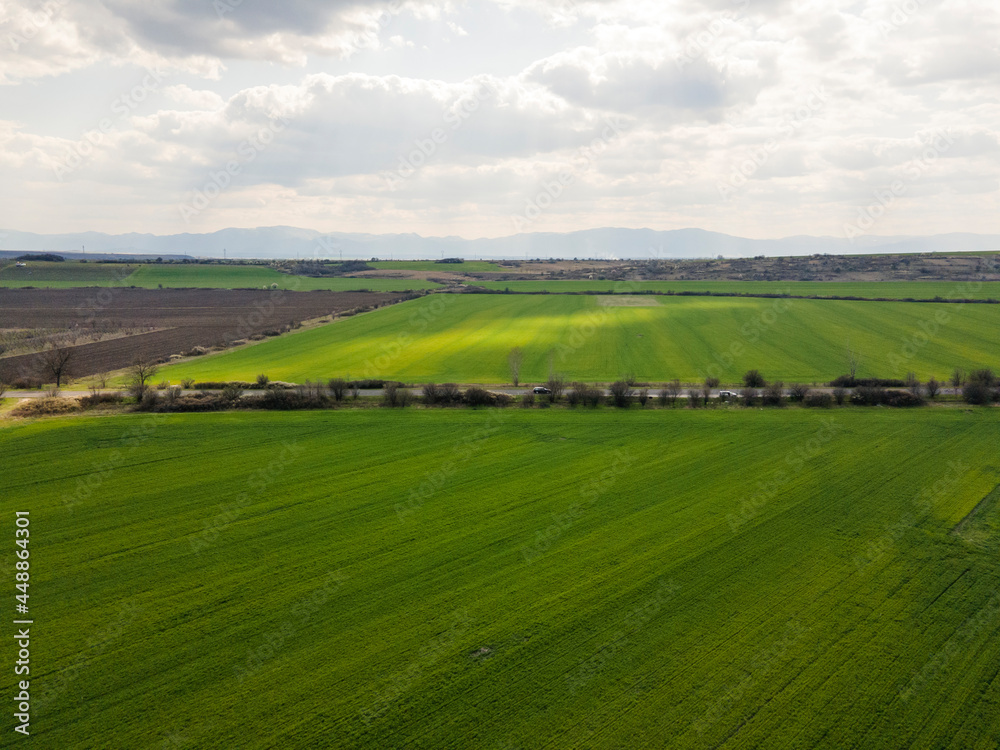 Aerial view of Upper Thracian Plain near town of Parvomay, Bulgaria