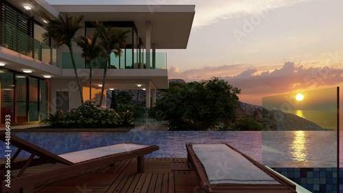 Modern cozy house with pool at sunset.