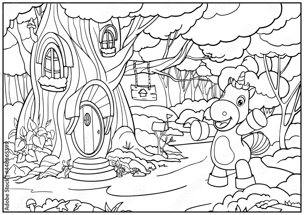 Coloring page with unicorn. Outline drawing of cartoon house on tree ...