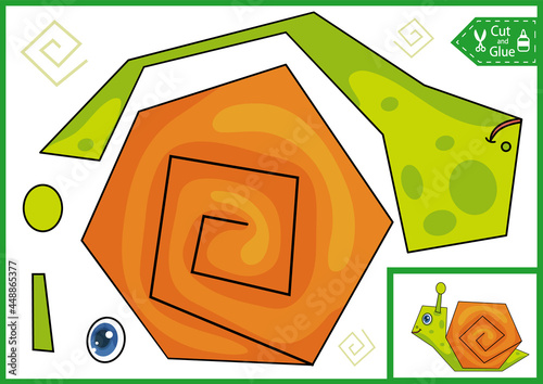 Kids paper game with cartoon toy animal. Cut and glue simply puzzle with snail. Craft worksheet and activity page for children. Vector illustration.