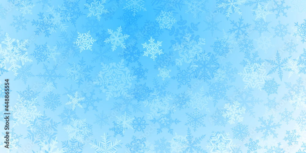 Background of complex translucent Christmas snowflakes in light blue colors. Winter illustration with falling snow