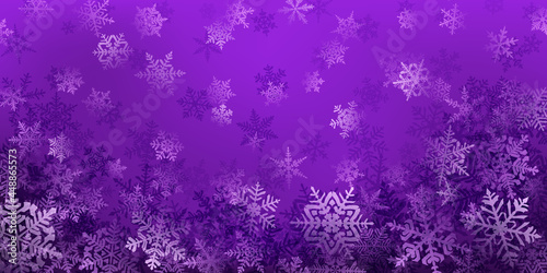 Background of complex Christmas snowflakes in purple colors. Winter illustration with falling snow