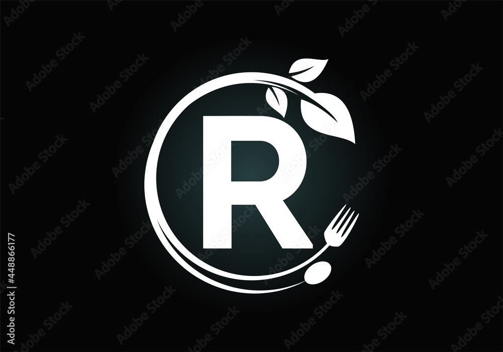 Initial R monogram alphabet with a fork, spoon, and leaf. Healthy ...
