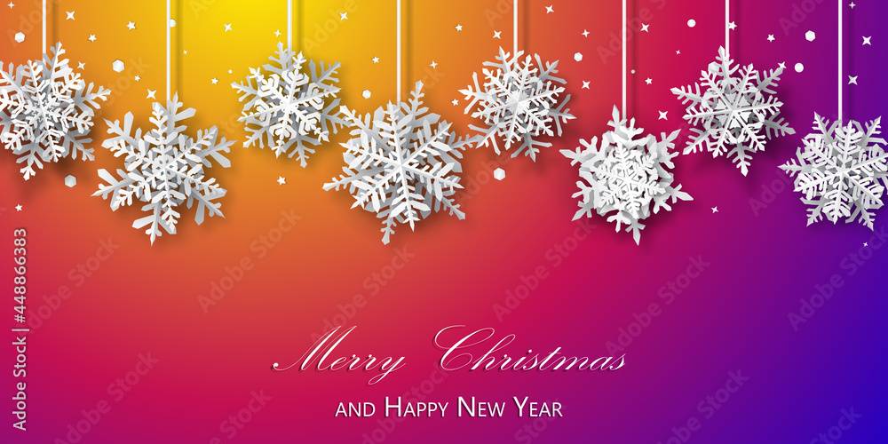Christmas background of paper snowflakes with soft shadows, white on purple and orange background Christmas background of paper snowflakes with soft shadows, white on purple and orange background