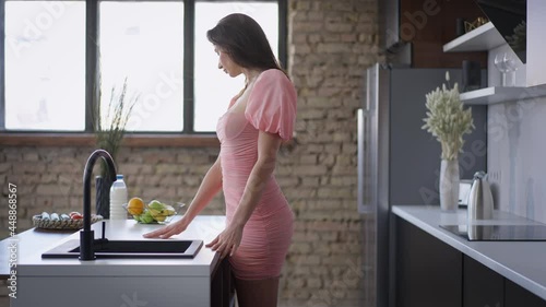 Wealthy rich young Caucasian woman in pink dress touching countertop in new home turning. Portrait of confident successful slim elegant sensual lady indoors. Slow motion