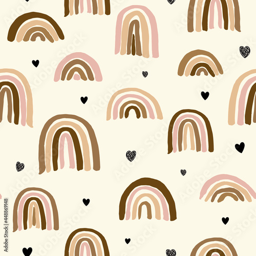 Seamless vector repeat pattern with different human skin tone rainbows on cream background with black hearts. Great for inclusion and diversity projects